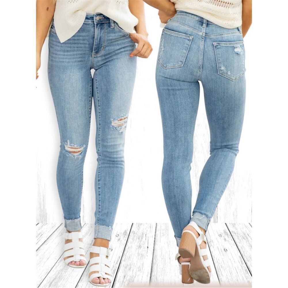 Judy Blue Plus Size Mid Rise Distressed Skinny Jeans Cuffed Hem Stretch Denim